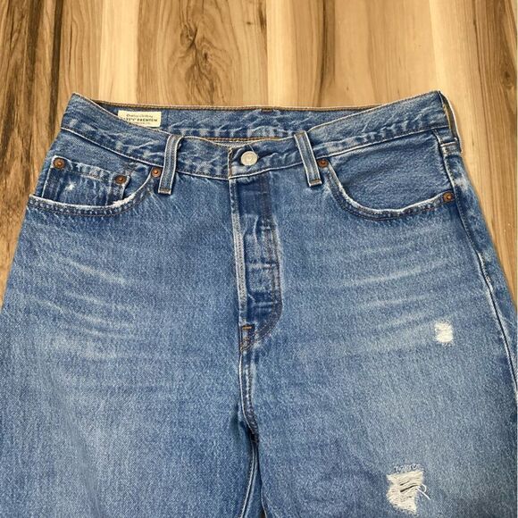 Levi’s 501 Distressed Button Fly Denim Blue Jeans - Picture 3 of 10